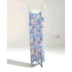 Fire Los Angeles Maxi Sun Dress Womens L Blue Yellow Floral Spaghetti Straps